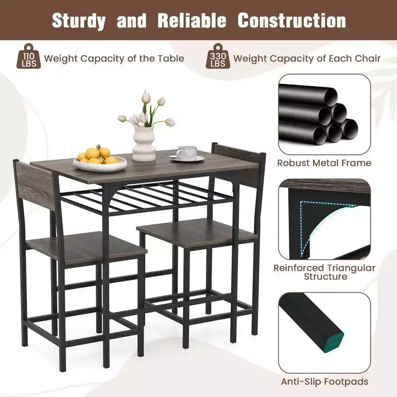 Costway 3-Piece Wood Rectangular Table & Chair Set Dining Table Set with Metal Frame Brown/Gray