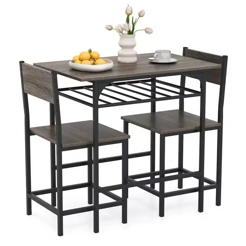 Costway 3-Piece Wood Rectangular Table & Chair Set Dining Table Set with Metal Frame Brown/Gray