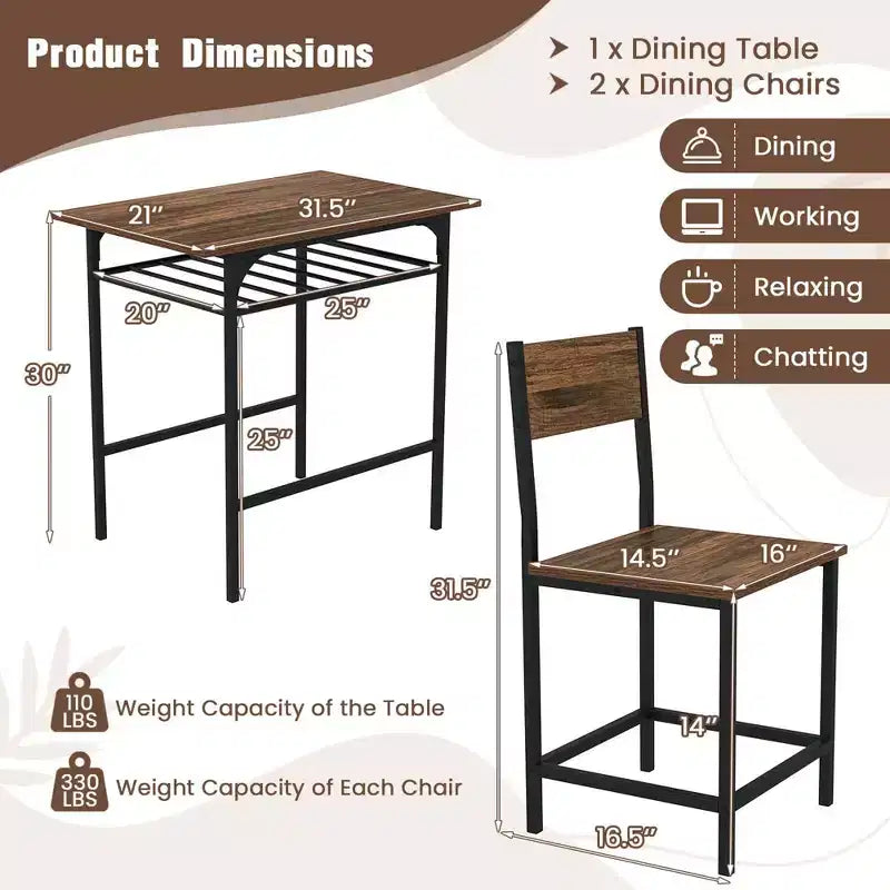 Costway 3-Piece Wood Rectangular Table & Chair Set Dining Table Set with Metal Frame Brown/Gray