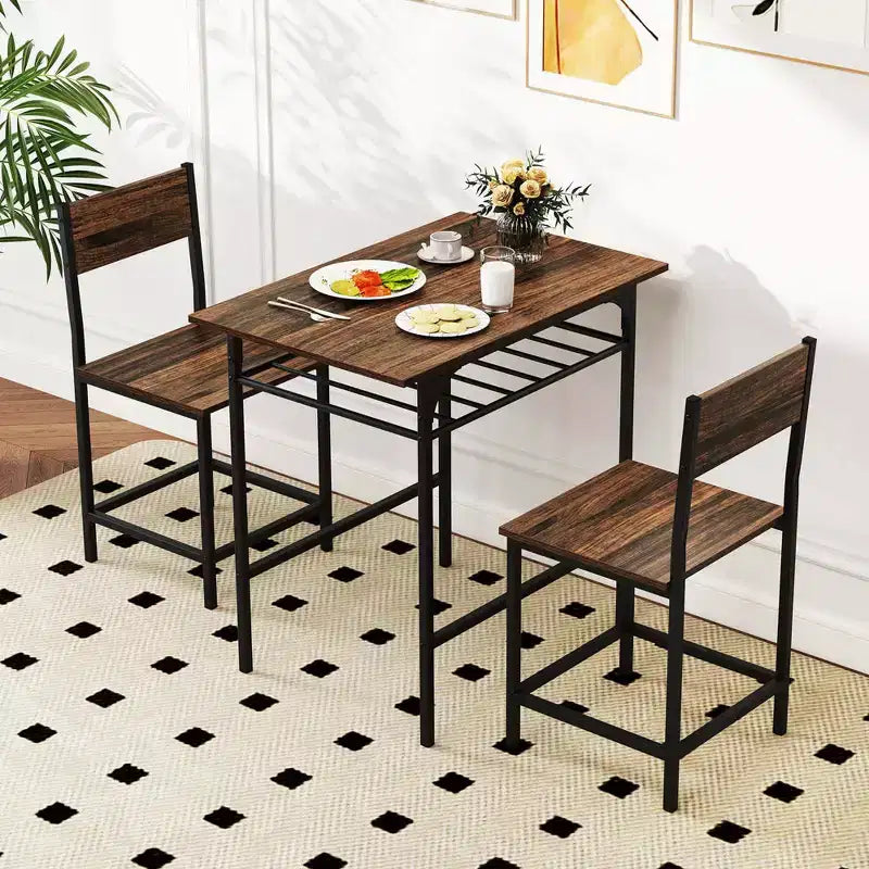 Costway 3-Piece Wood Rectangular Table & Chair Set Dining Table Set with Metal Frame Brown/Gray
