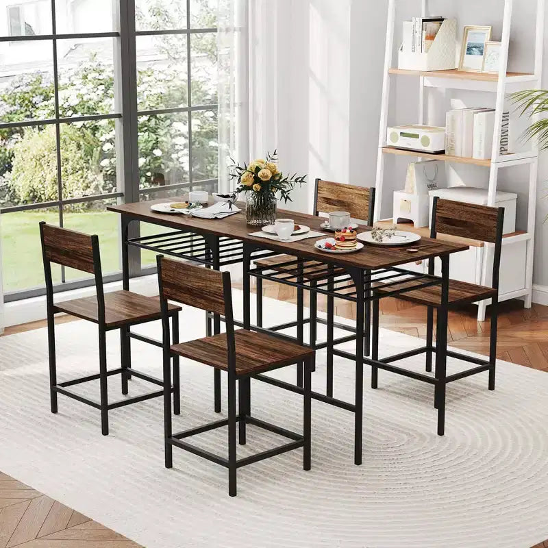 Costway 3-Piece Wood Rectangular Table & Chair Set Dining Table Set with Metal Frame Brown/Gray