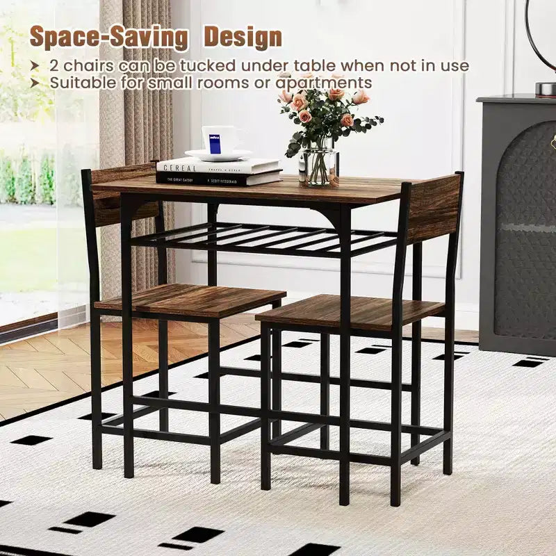 Costway 3-Piece Wood Rectangular Table & Chair Set Dining Table Set with Metal Frame Brown/Gray