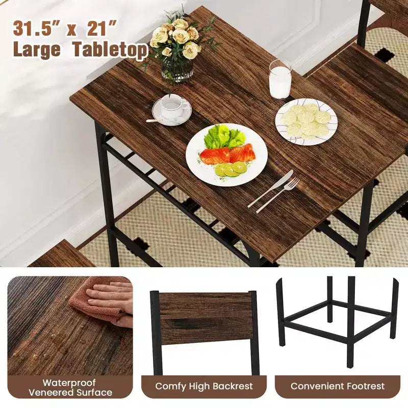 Costway 3-Piece Wood Rectangular Table & Chair Set Dining Table Set with Metal Frame Brown/Gray