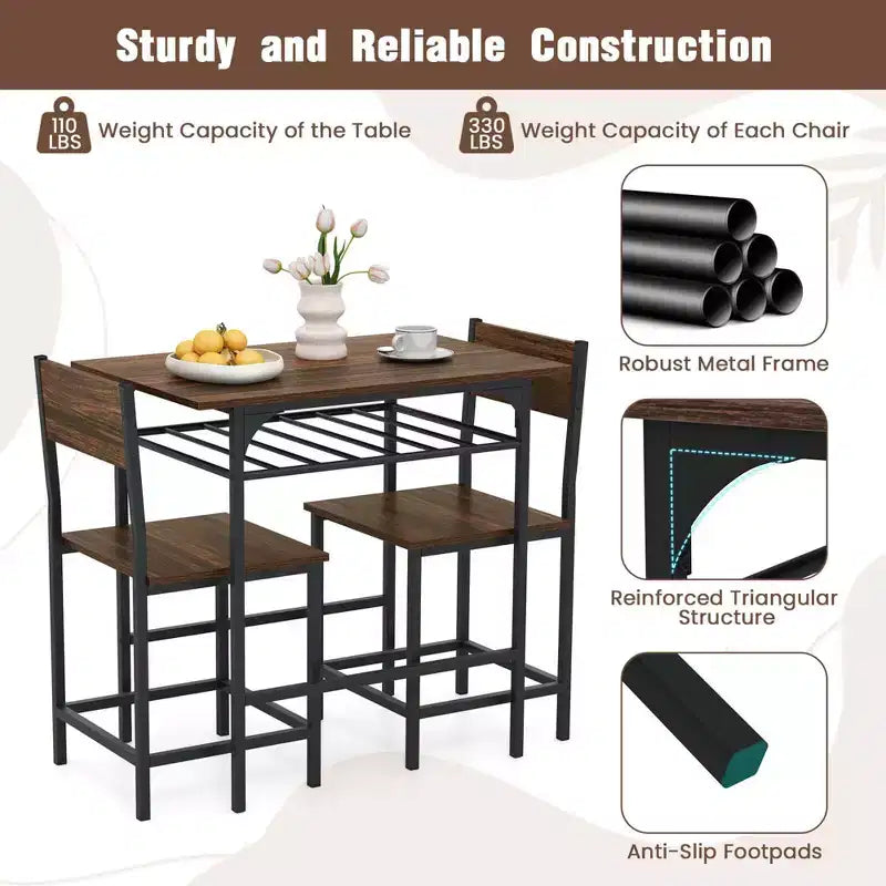 Costway 3-Piece Wood Rectangular Table & Chair Set Dining Table Set with Metal Frame Brown/Gray