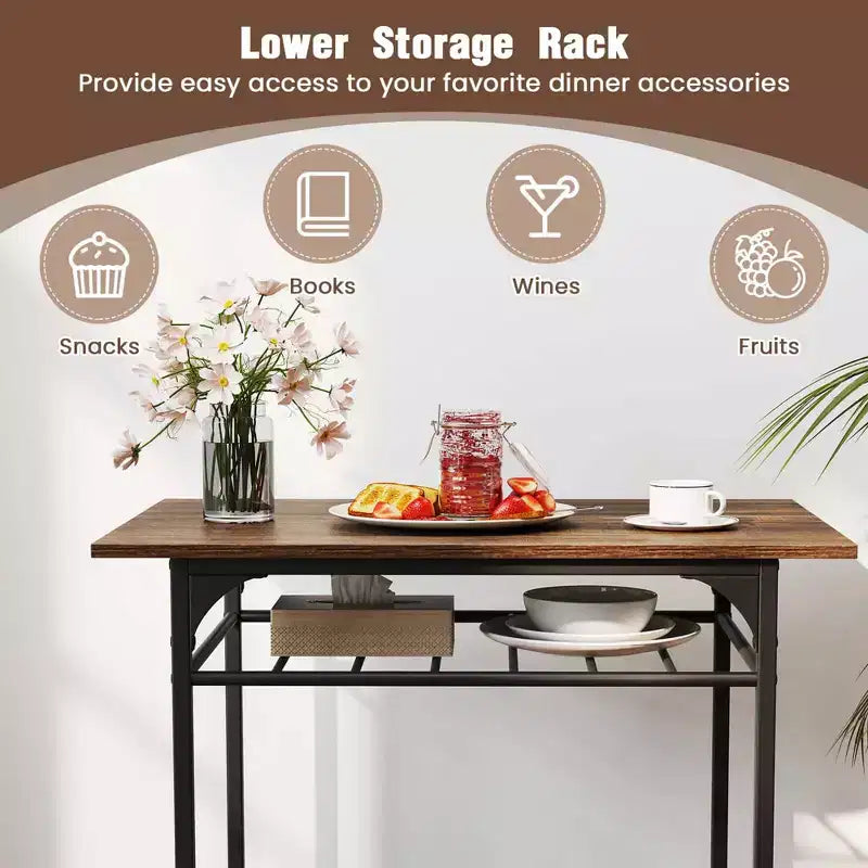 Costway 3-Piece Wood Rectangular Table & Chair Set Dining Table Set with Metal Frame Brown/Gray