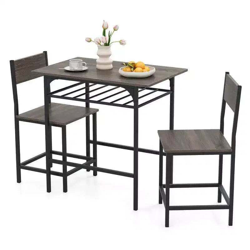Costway 3-Piece Wood Rectangular Table & Chair Set Dining Table Set with Metal Frame Brown/Gray