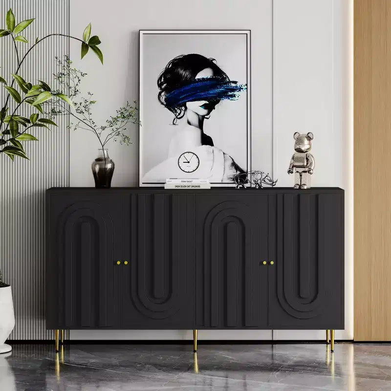 Versatile Black Lacquered 4-Door Wooden Cabinet - Sideboard Buffet Server for Living Room, Entryway, Hallway, Office, Kitchen and Dining Room