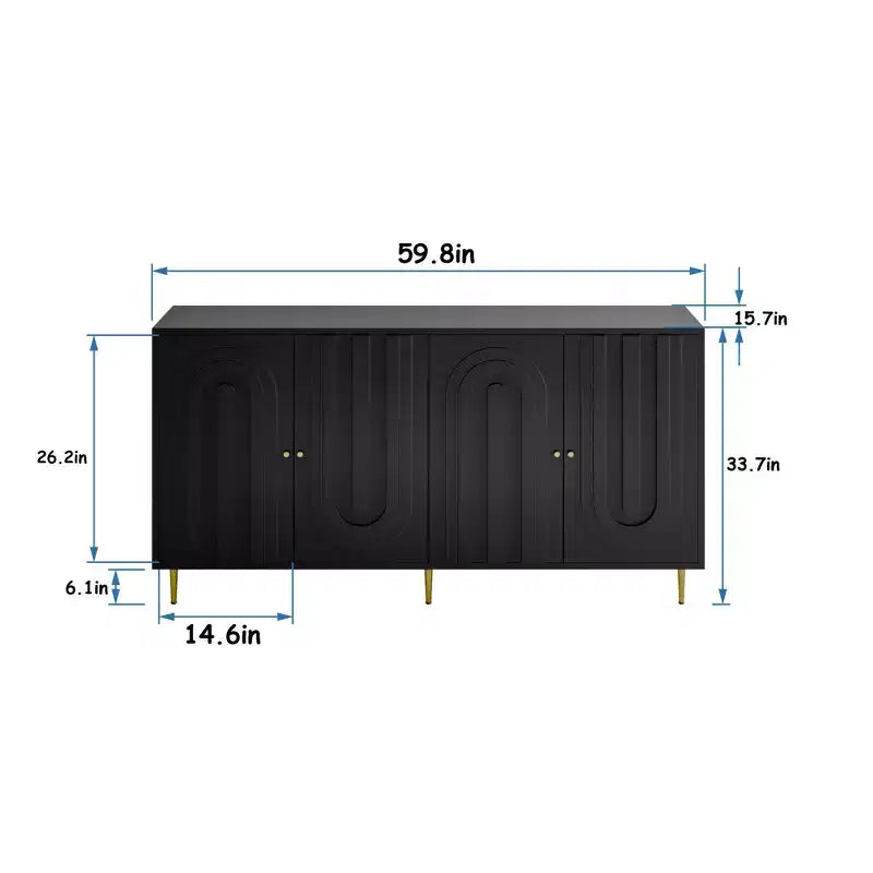 Versatile Black Lacquered 4-Door Wooden Cabinet - Sideboard Buffet Server for Living Room, Entryway, Hallway, Office, Kitchen and Dining Room