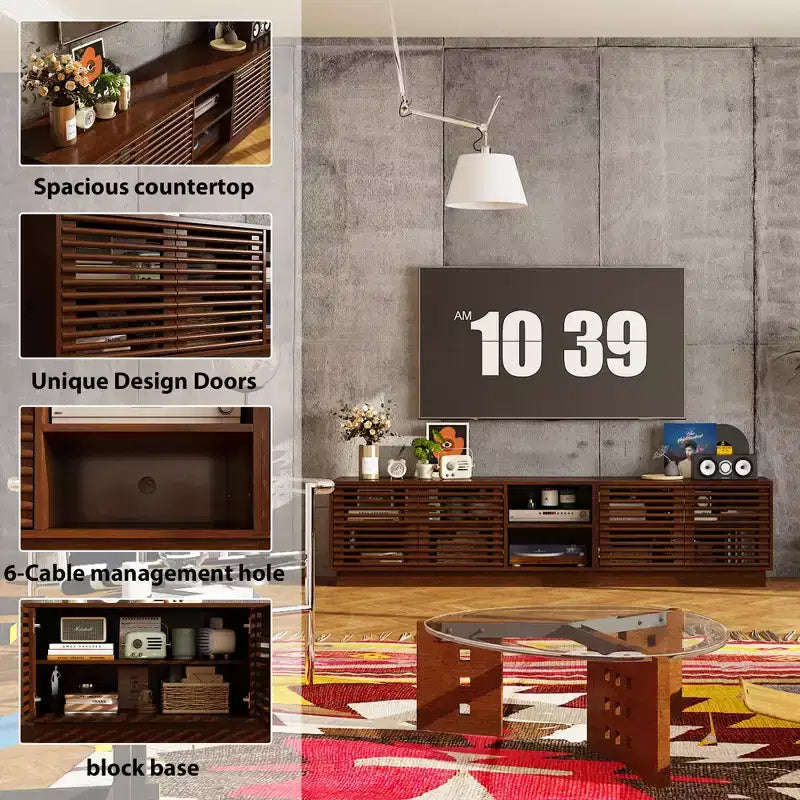 Famapy Rustic Brown Slatted - Door TV Stand Entertainment Center Media Console with Ample Storage