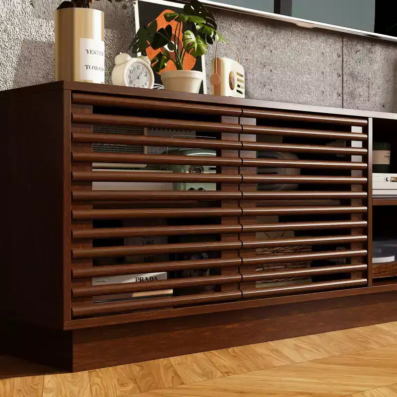 Famapy Rustic Brown Slatted - Door TV Stand Entertainment Center Media Console with Ample Storage