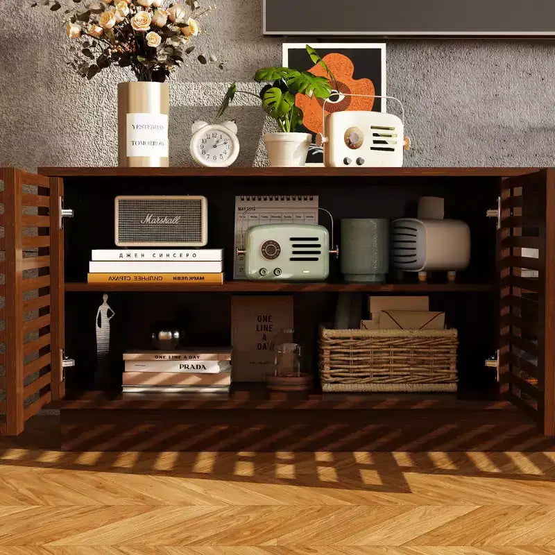 Famapy Rustic Brown Slatted - Door TV Stand Entertainment Center Media Console with Ample Storage