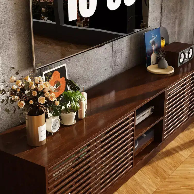 Famapy Rustic Brown Slatted - Door TV Stand Entertainment Center Media Console with Ample Storage