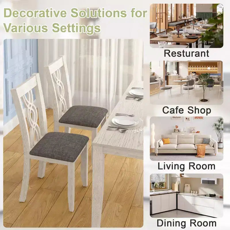 VECELO Rustic Wooden Dining Chairs, Rubber Wood Kitchen Chairs with Padded Seat & Elegant Hollowed Backrest, Gray