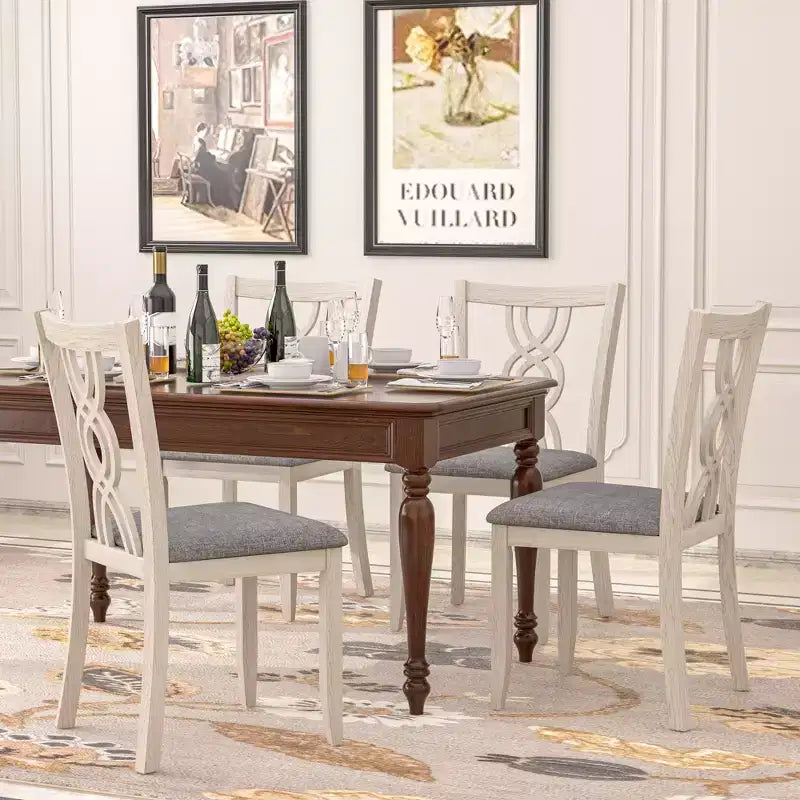 VECELO Rustic Wooden Dining Chairs, Rubber Wood Kitchen Chairs with Padded Seat & Elegant Hollowed Backrest, Gray