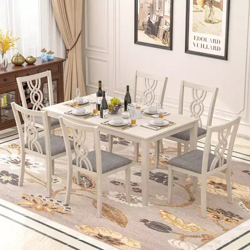 VECELO Rustic Wooden Dining Chairs, Rubber Wood Kitchen Chairs with Padded Seat & Elegant Hollowed Backrest, Gray