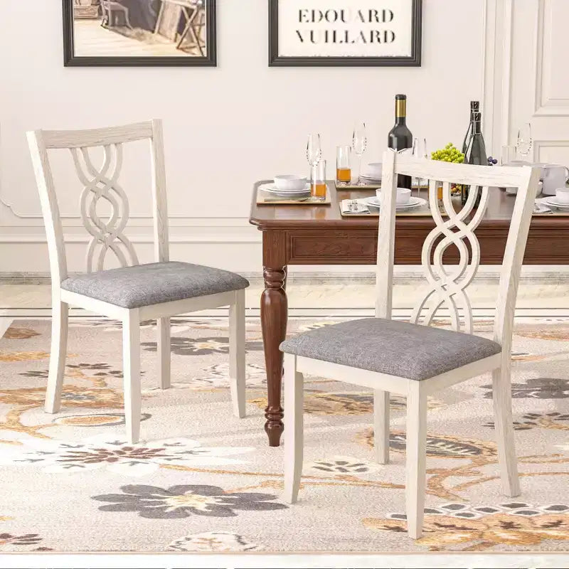 VECELO Rustic Wooden Dining Chairs, Rubber Wood Kitchen Chairs with Padded Seat & Elegant Hollowed Backrest, Gray