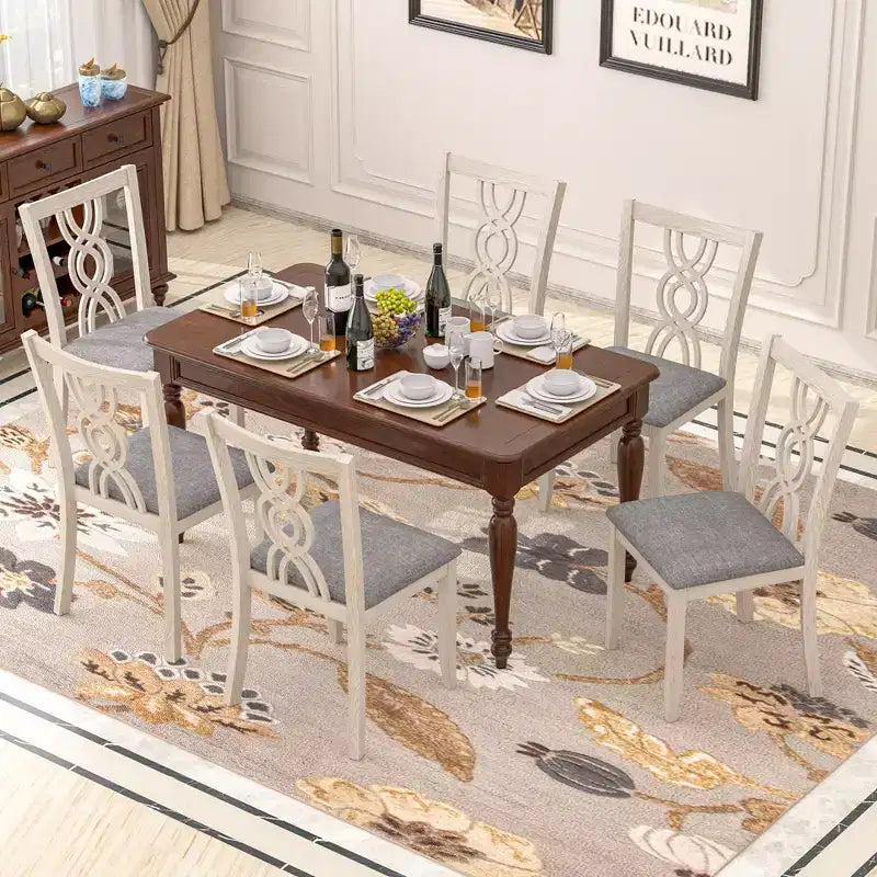 VECELO Rustic Wooden Dining Chairs, Rubber Wood Kitchen Chairs with Padded Seat & Elegant Hollowed Backrest, Gray