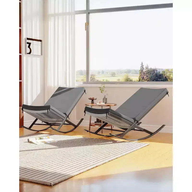 Outdoor Rocking Chairs Set of 2, Indoor Lounge Rocker Chair with Padded Cushion & Metal Frame & Rattan Seat, for Garden, Backyard, Lawn, Patio