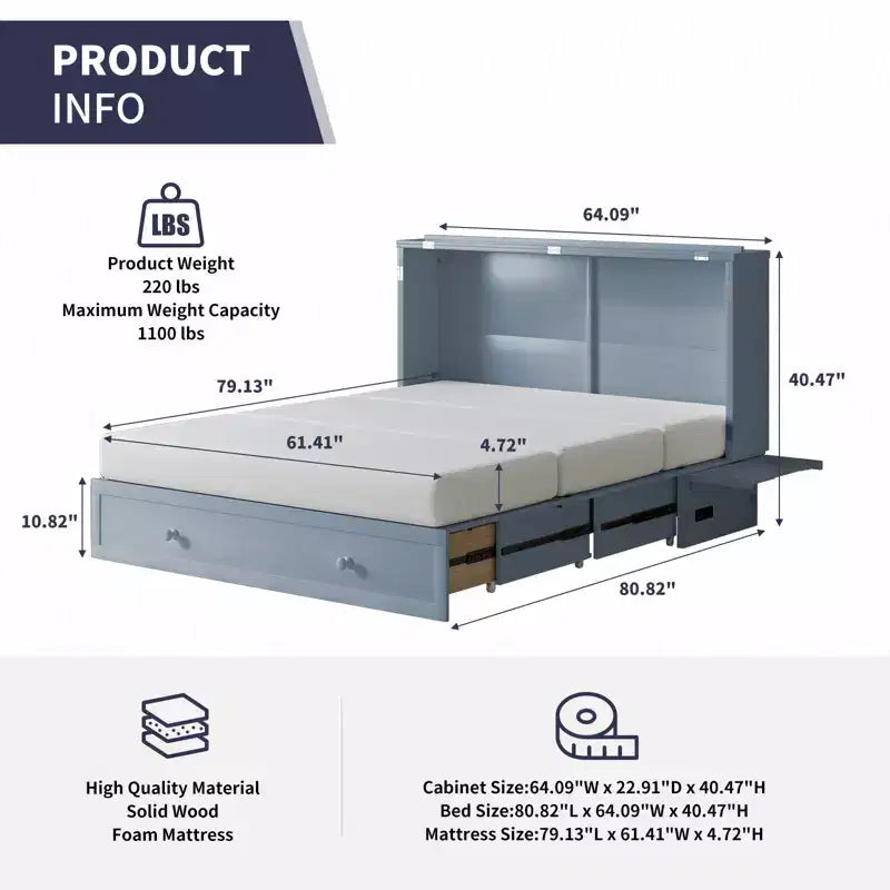 Mjkone Queen Size Murphy Bed Cabinet with USB Charging, Storage Drawer & Mattress