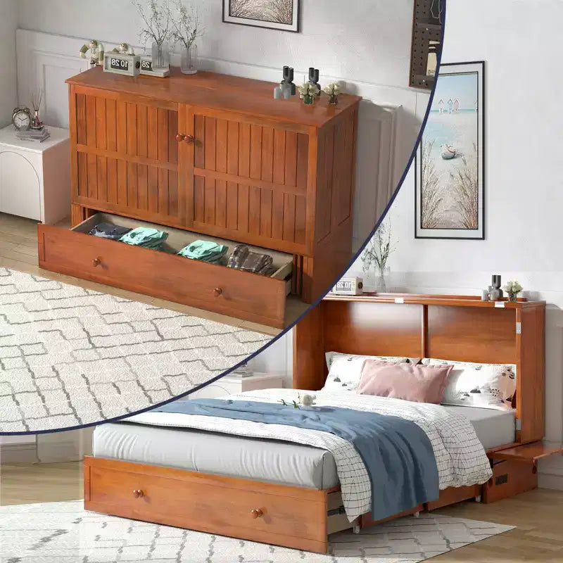 Mjkone Queen Size Murphy Bed Cabinet with USB Charging, Storage Drawer & Mattress