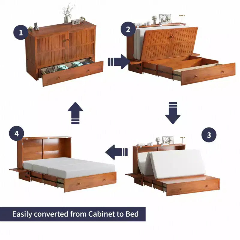 Mjkone Queen Size Murphy Bed Cabinet with USB Charging, Storage Drawer & Mattress
