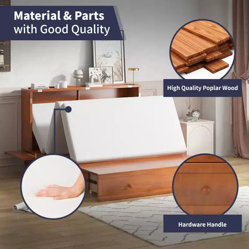 Mjkone Queen Size Murphy Bed Cabinet with USB Charging, Storage Drawer & Mattress