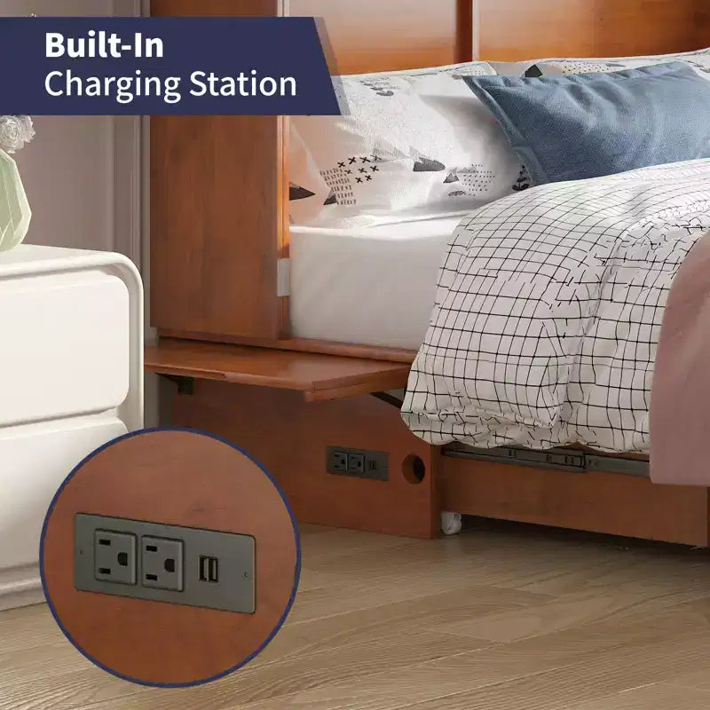 Mjkone Queen Size Murphy Bed Cabinet with USB Charging, Storage Drawer & Mattress