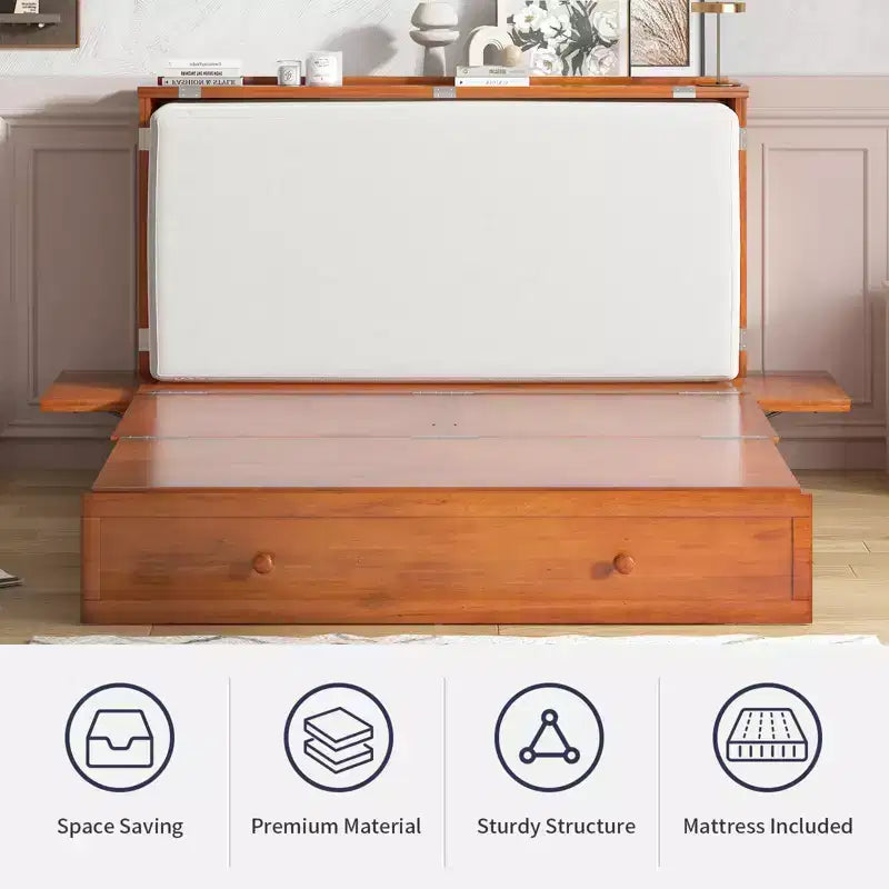 Mjkone Queen Size Murphy Bed Cabinet with USB Charging, Storage Drawer & Mattress