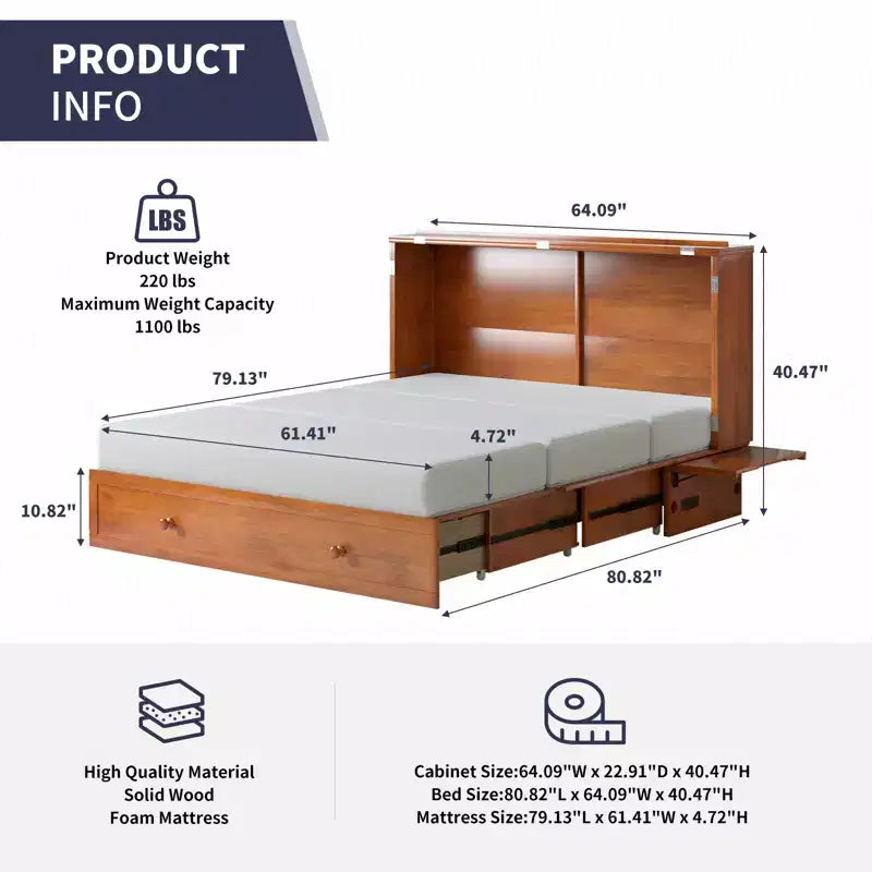 Mjkone Queen Size Murphy Bed Cabinet with USB Charging, Storage Drawer & Mattress