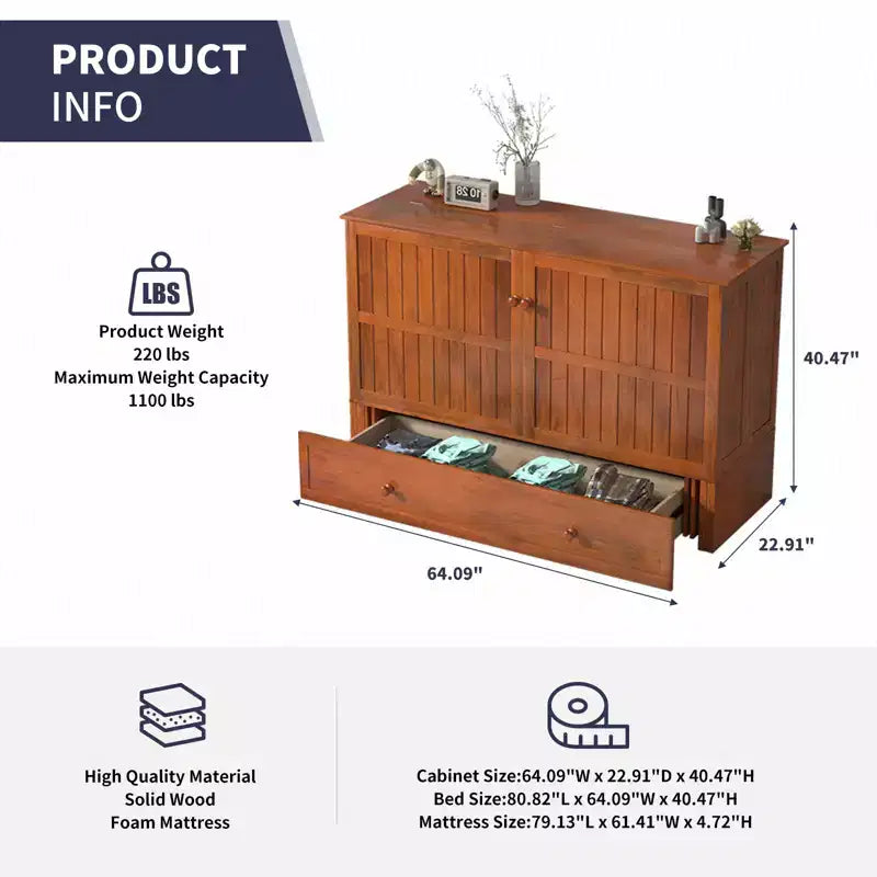 Mjkone Queen Size Murphy Bed Cabinet with USB Charging, Storage Drawer & Mattress