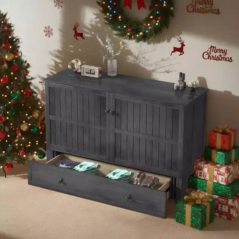 Mjkone Queen Size Murphy Bed Cabinet with USB Charging, Storage Drawer & Mattress