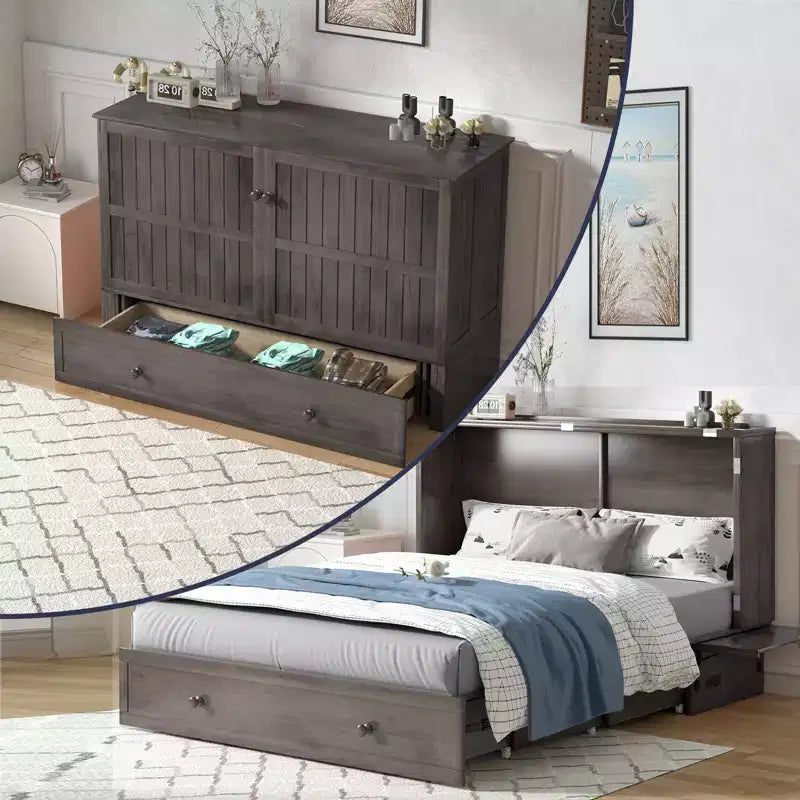 Mjkone Queen Size Murphy Bed Cabinet with USB Charging, Storage Drawer & Mattress
