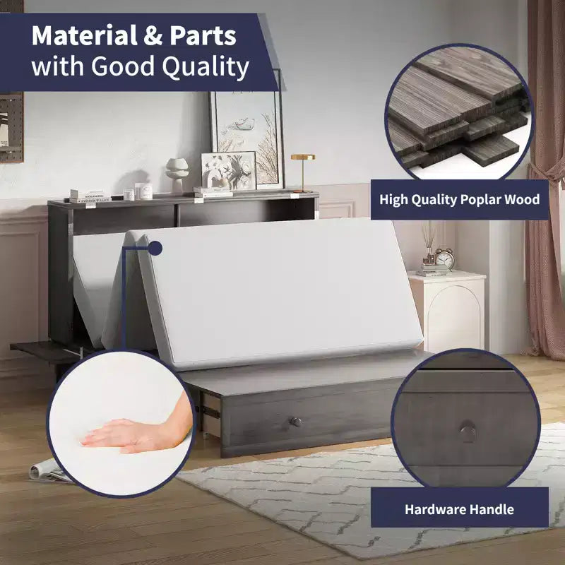Mjkone Queen Size Murphy Bed Cabinet with USB Charging, Storage Drawer & Mattress