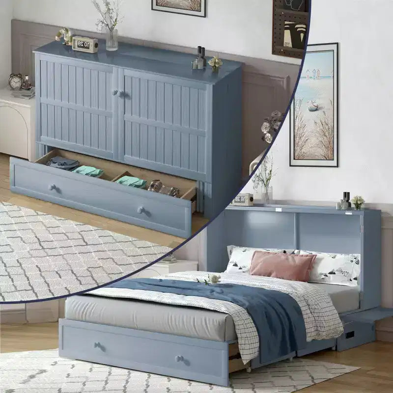 Mjkone Queen Size Murphy Bed Cabinet with USB Charging, Storage Drawer & Mattress
