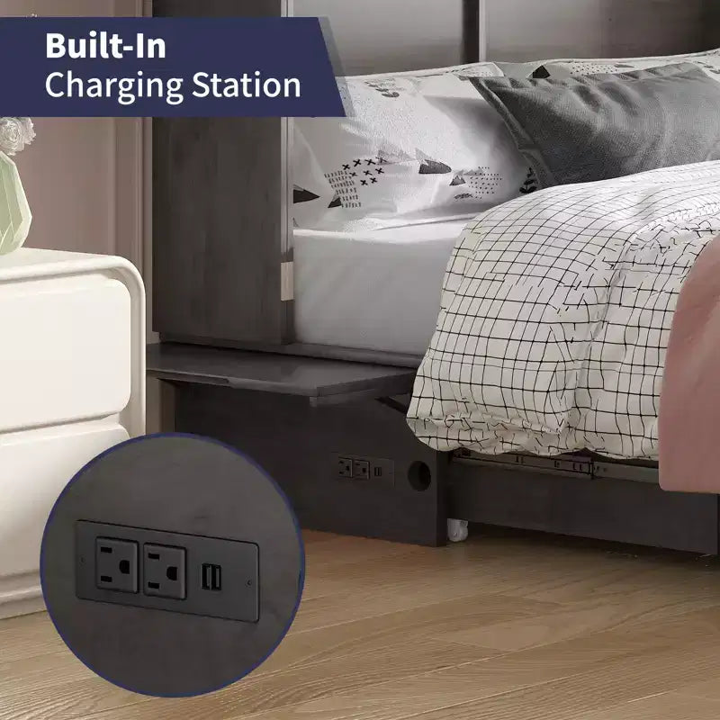 Mjkone Queen Size Murphy Bed Cabinet with USB Charging, Storage Drawer & Mattress