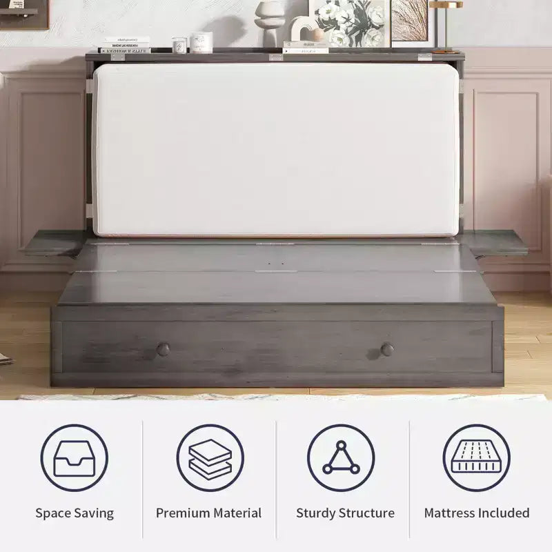 Mjkone Queen Size Murphy Bed Cabinet with USB Charging, Storage Drawer & Mattress