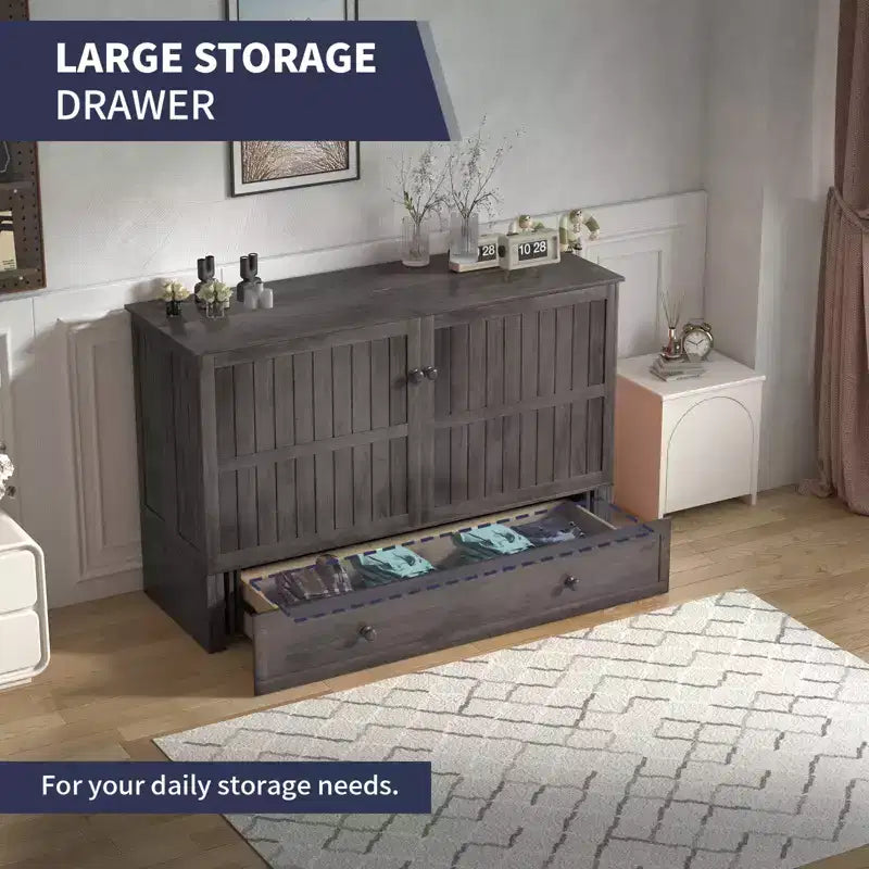 Mjkone Queen Size Murphy Bed Cabinet with USB Charging, Storage Drawer & Mattress