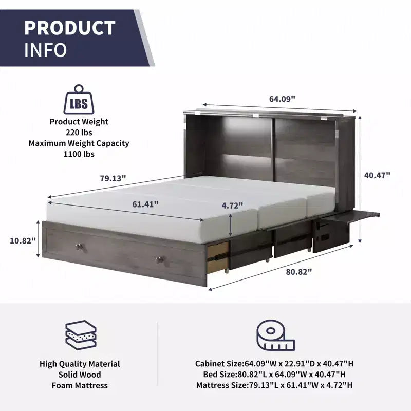 Mjkone Queen Size Murphy Bed Cabinet with USB Charging, Storage Drawer & Mattress