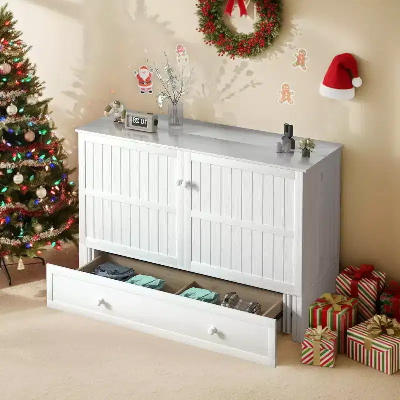 Mjkone Queen Size Murphy Bed Cabinet with USB Charging, Storage Drawer & Mattress