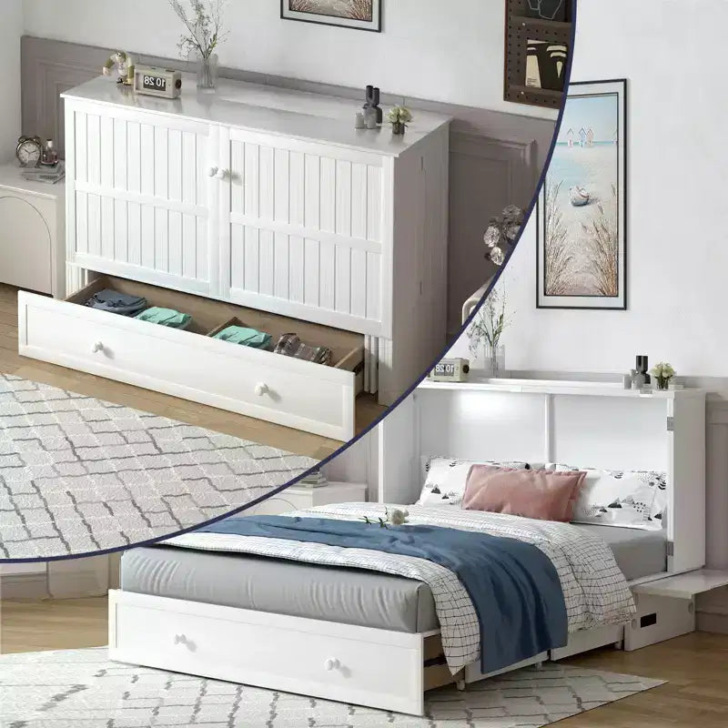 Mjkone Queen Size Murphy Bed Cabinet with USB Charging, Storage Drawer & Mattress