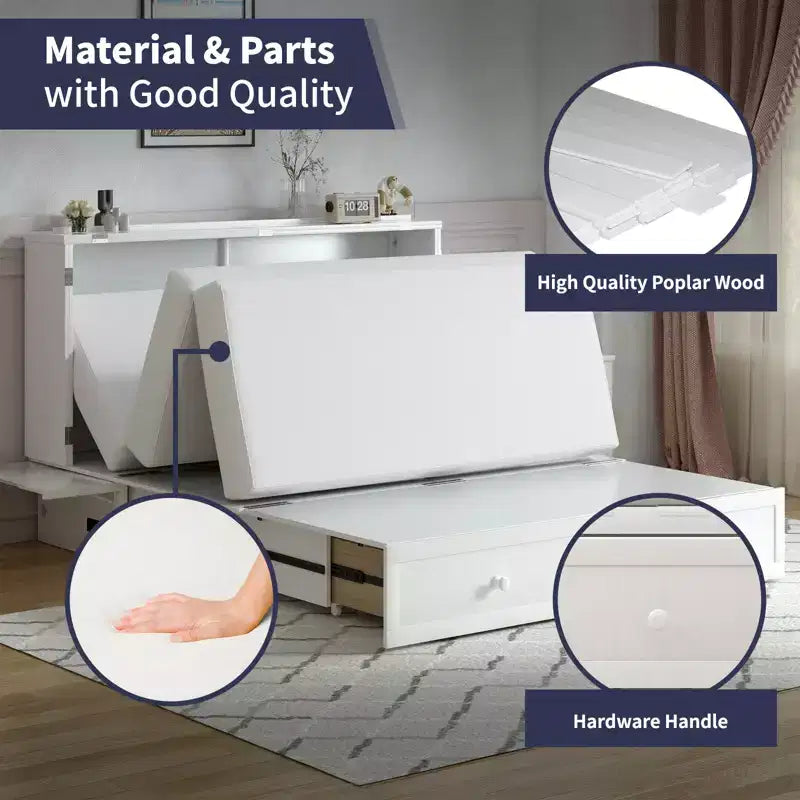 Mjkone Queen Size Murphy Bed Cabinet with USB Charging, Storage Drawer & Mattress