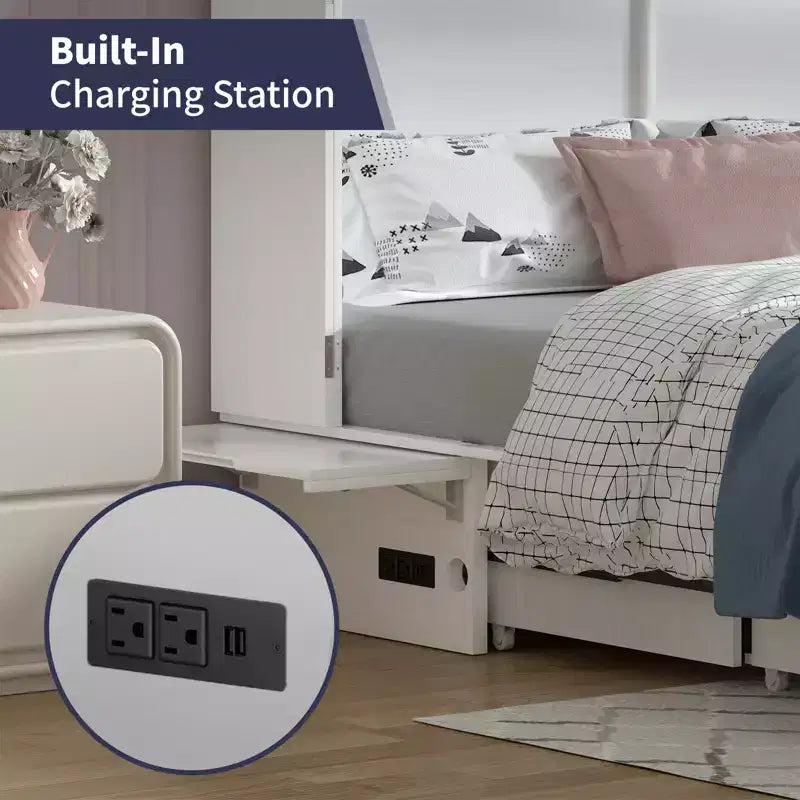 Mjkone Queen Size Murphy Bed Cabinet with USB Charging, Storage Drawer & Mattress