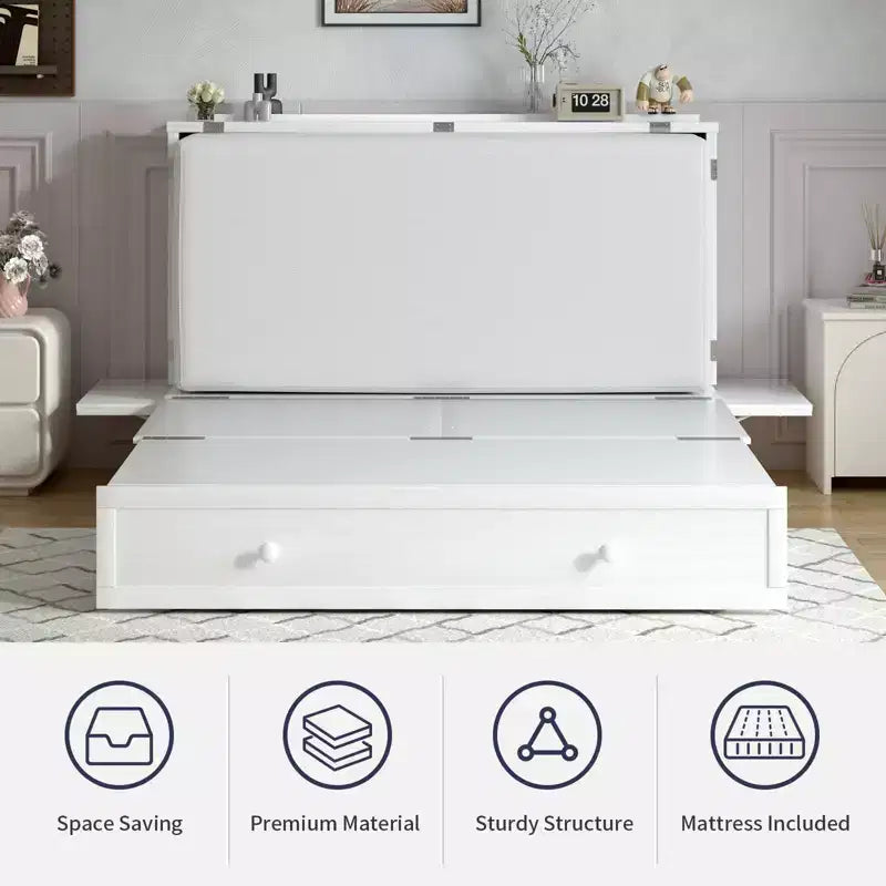 Mjkone Queen Size Murphy Bed Cabinet with USB Charging, Storage Drawer & Mattress