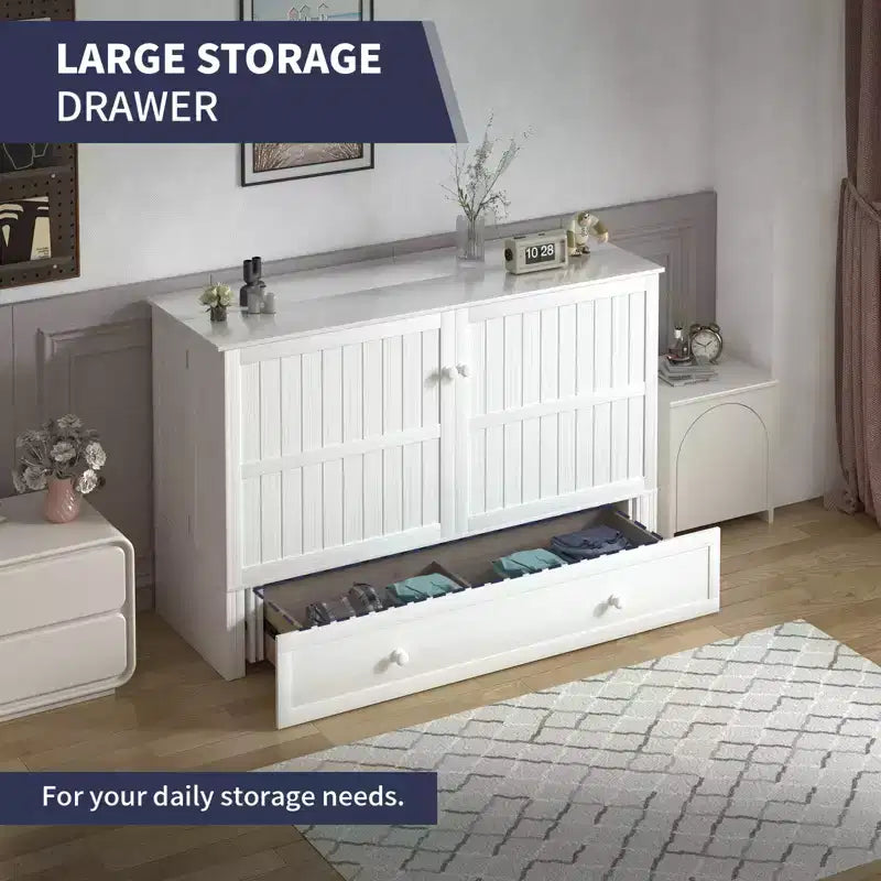Mjkone Queen Size Murphy Bed Cabinet with USB Charging, Storage Drawer & Mattress