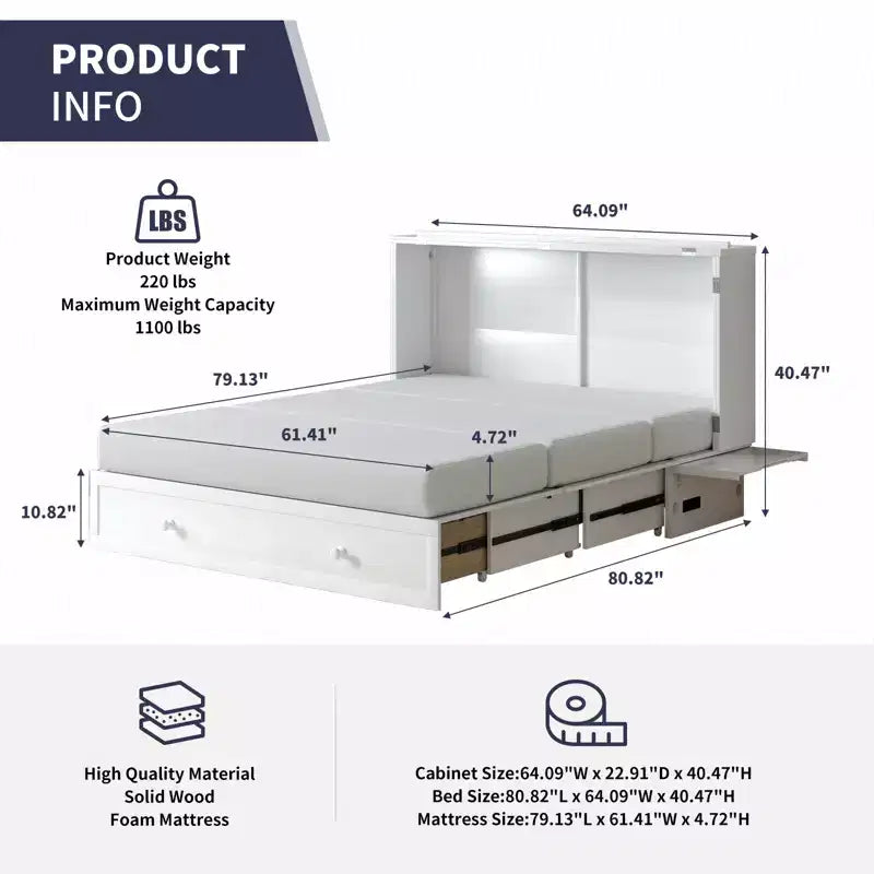 Mjkone Queen Size Murphy Bed Cabinet with USB Charging, Storage Drawer & Mattress