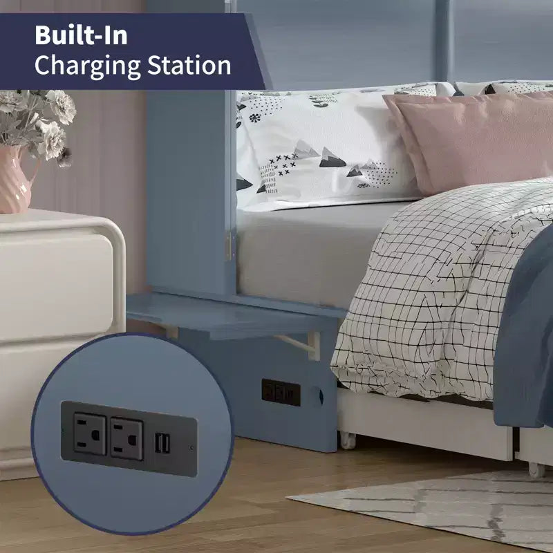 Mjkone Queen Size Murphy Bed Cabinet with USB Charging, Storage Drawer & Mattress