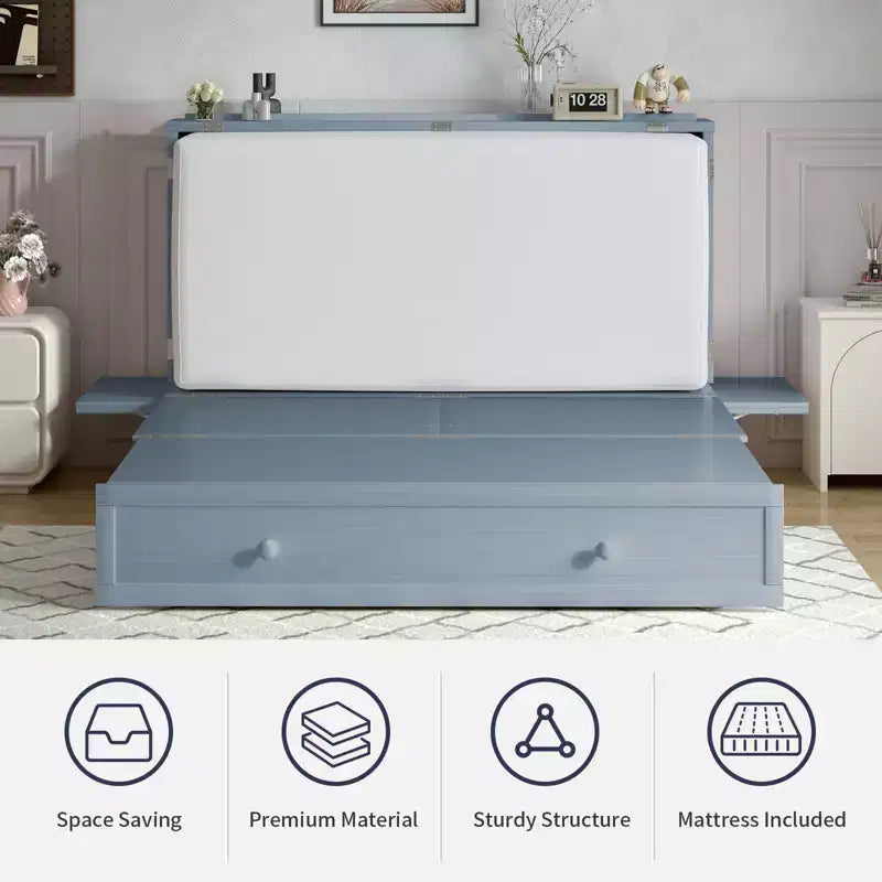 Mjkone Queen Size Murphy Bed Cabinet with USB Charging, Storage Drawer & Mattress