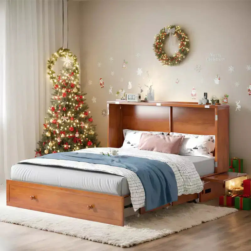Mjkone Queen Size Murphy Bed Cabinet with USB Charging, Storage Drawer & Mattress
