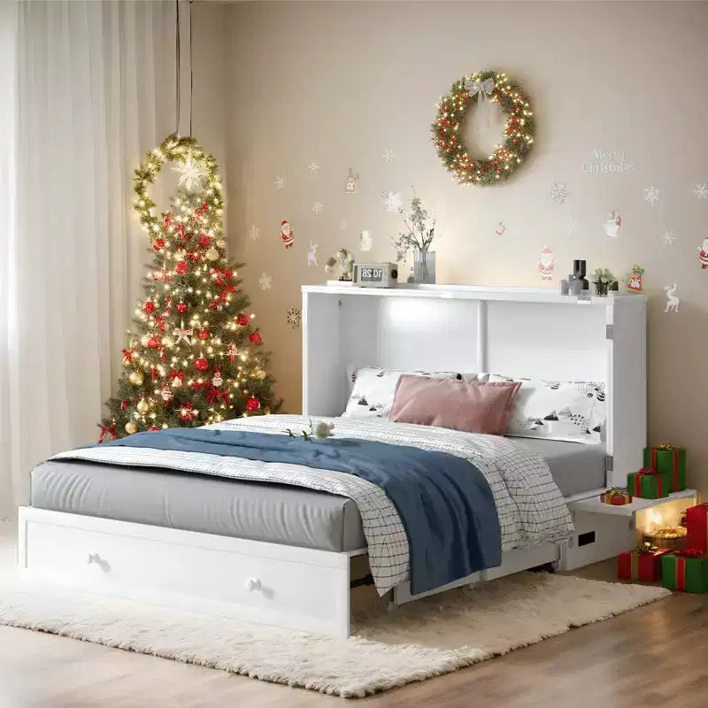 Mjkone Queen Size Murphy Bed Cabinet with USB Charging, Storage Drawer & Mattress