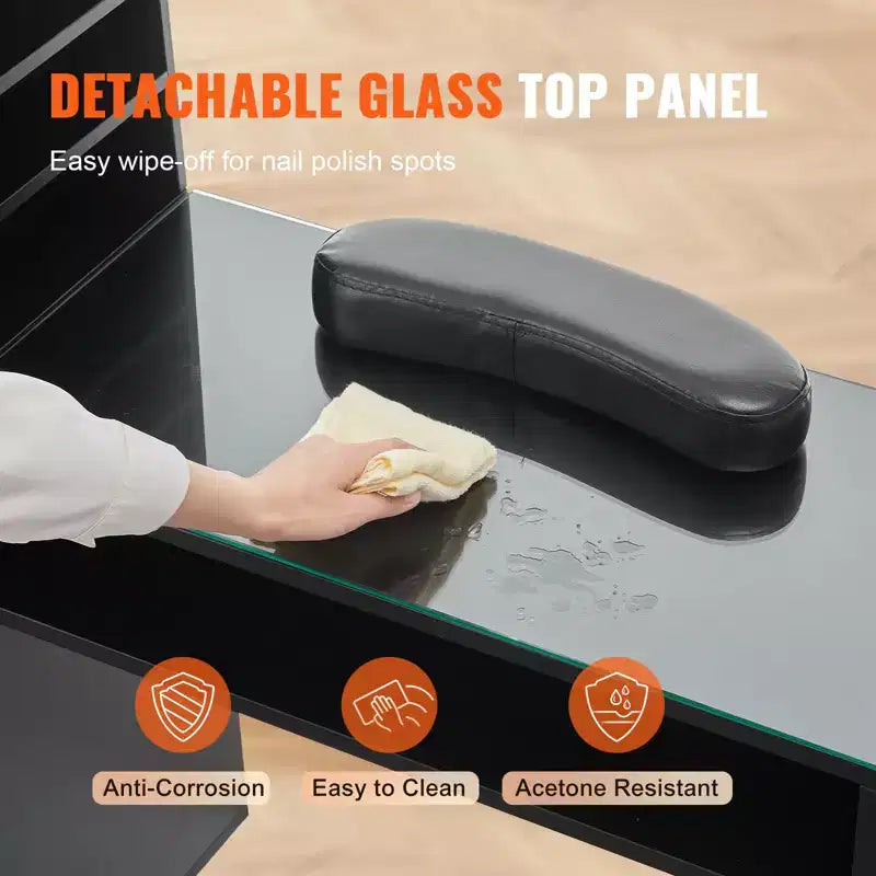 VEVOR Manicure Table, Glass Top Nail Desk, Makeup Dressing Nail Station with Storage Cabinets, Acetone-Resistant Nail Tech Table